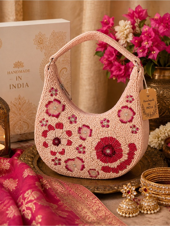 Handbags - NWT Handmade Pink Beaded Floral Shoulder Bag, Made in India.